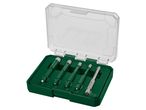 A set of five drill bits in a green and clear plastic case.