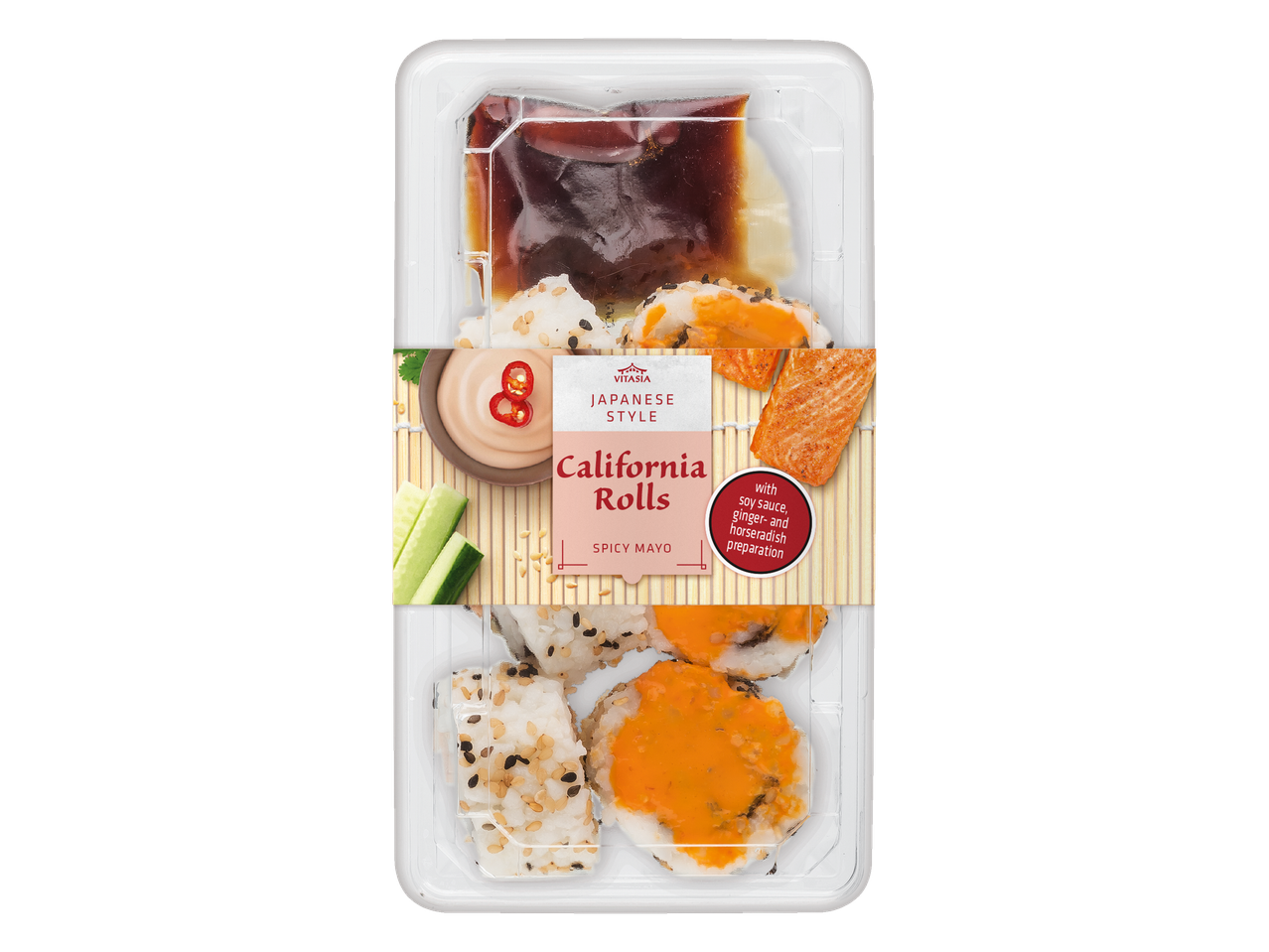 ZENMI Sushi California Rolls met pittige mayo, sojasaus, gember en mierikswortel.