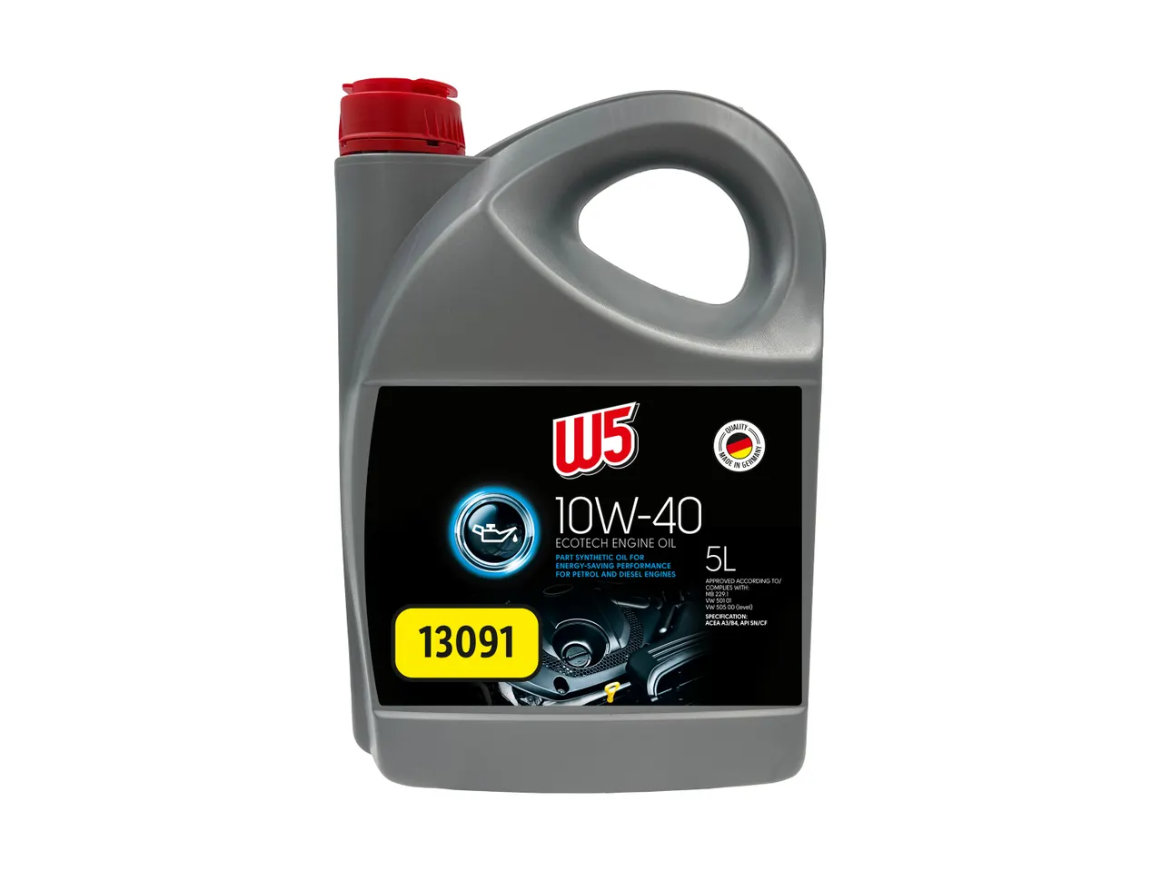 En grå dunk W5 10W-40 Ecotech motorolie på 5 liter med en rød hætte.