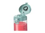 A teal-capped, clear plastic bottle with pink liquid inside, possibly a shaker bottle.