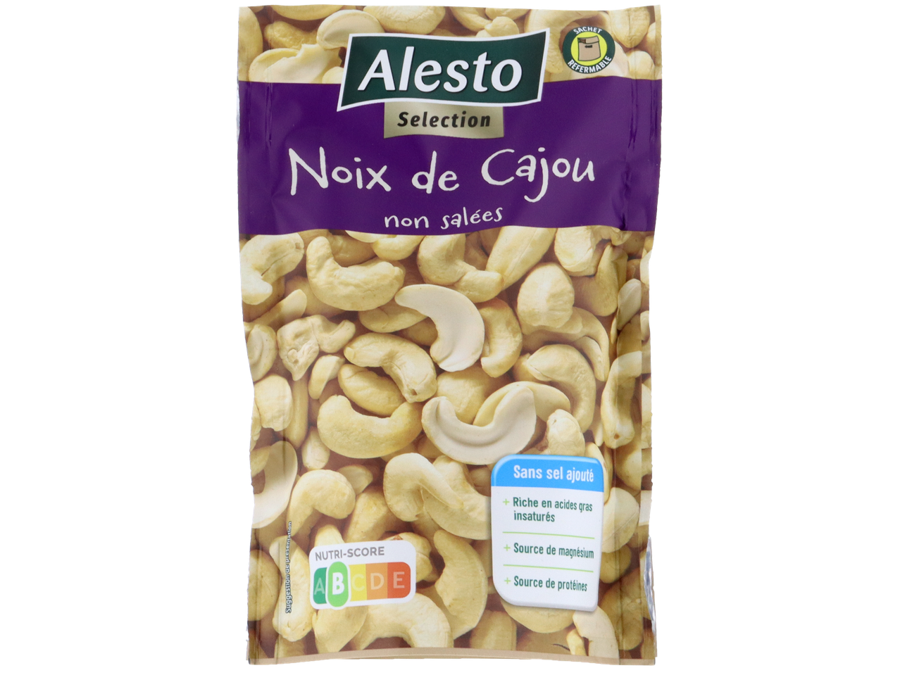 Alesto Selection Noix de Cajou non salées, avec Nutri-Score A et sachet refermable.