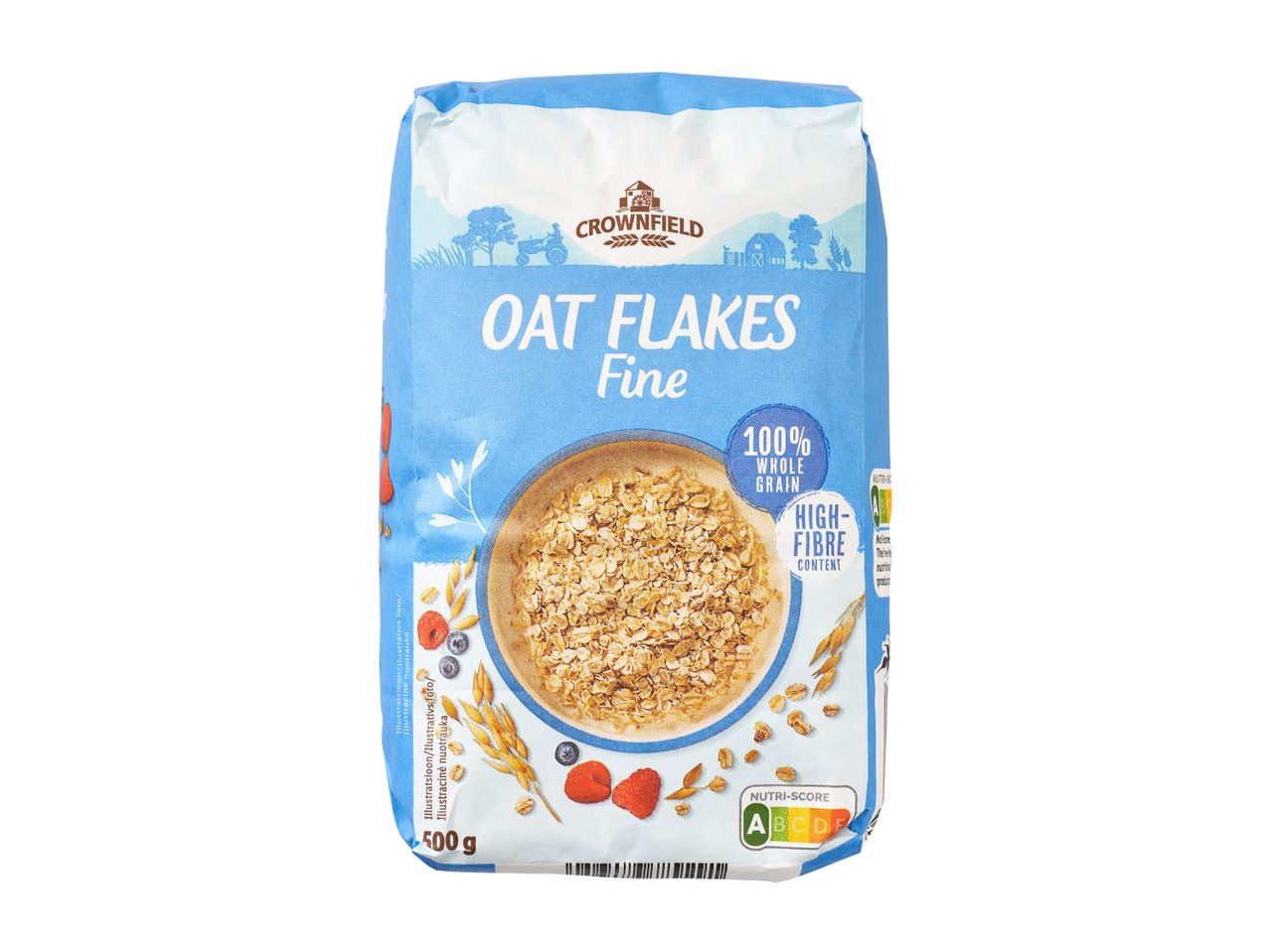 Pakk Crownfieldi kaerahelbeid pealkirjaga 'Oat Flakes Fine'.