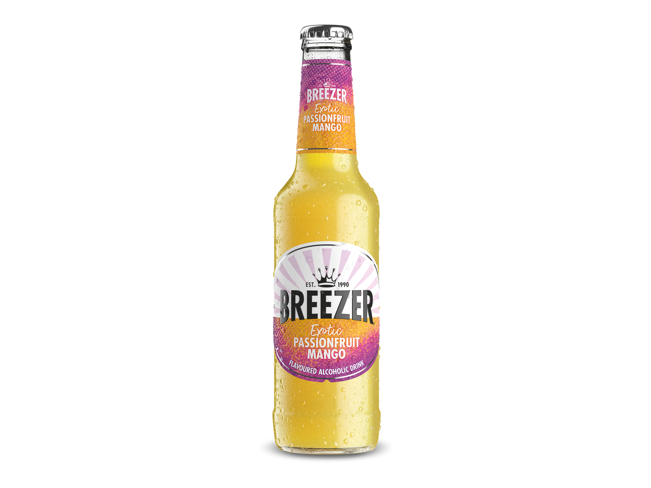 Fles gearomatiseerde alcoholische drank met passievrucht- en mangosmaak.