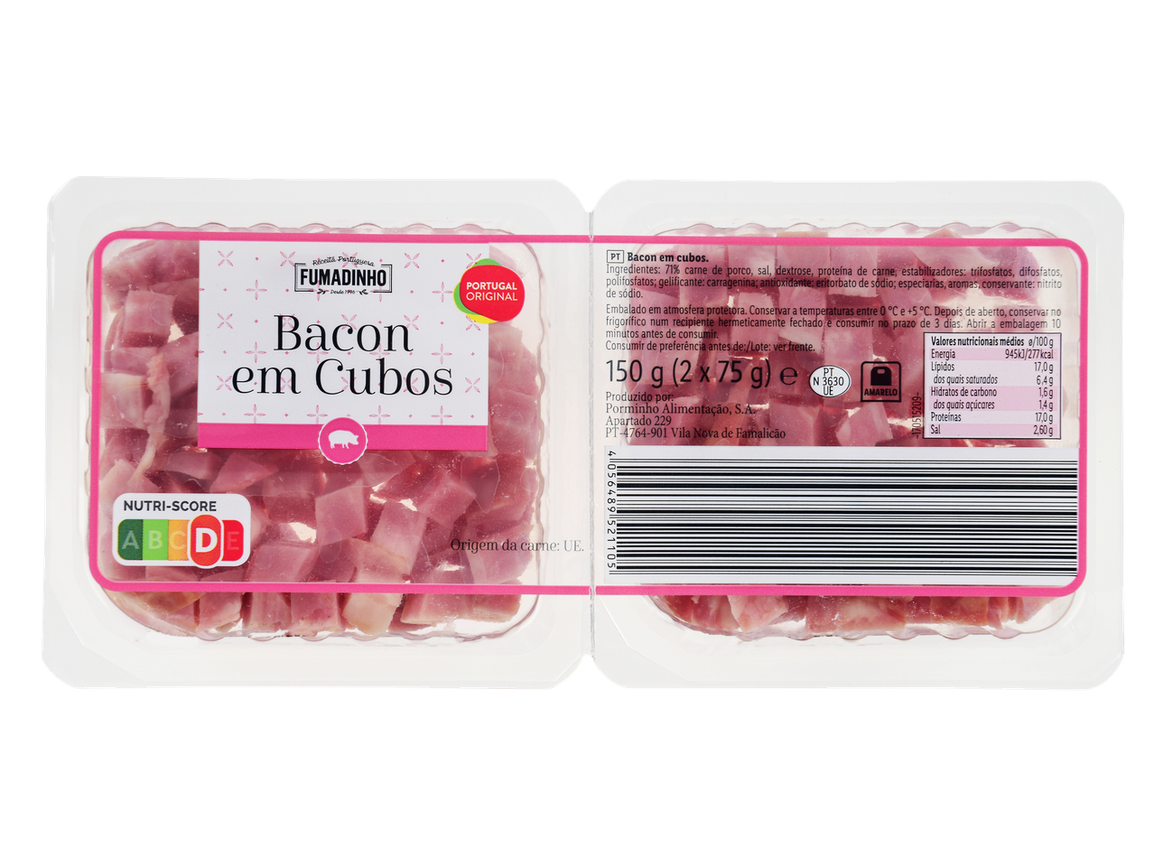 FUMADINHO Bacon em Cubos com Nutri-Score D e informações nutricionais.