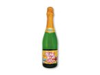 Grøn flaske med gylden folie og etiket med teksten 'Blub Blub Peach Party Drink'.