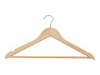 Classic wooden clothes hanger with a metal hook and trouser bar.
