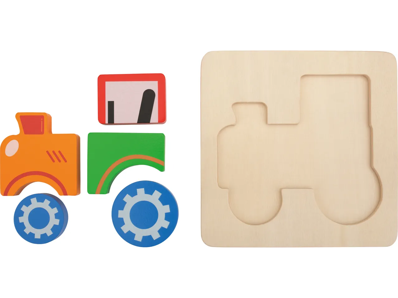 Puzzle trattore in legno LUPILU® in pezzi separati e una tavola di legno con intaglio.