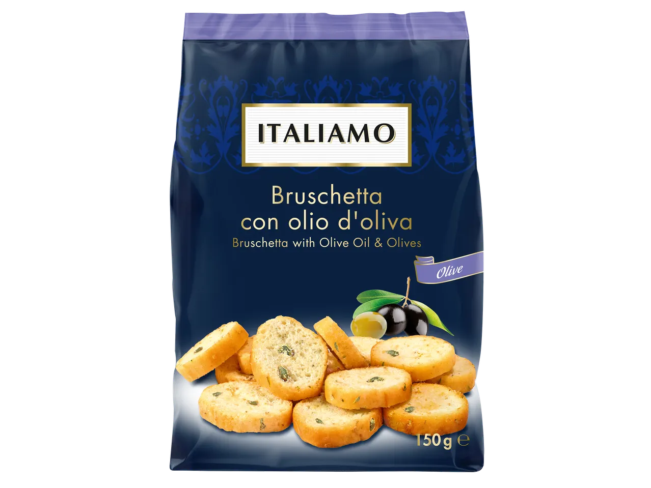 Sachet de bruschetta à l'huile d'olive et aux olives, 150g.