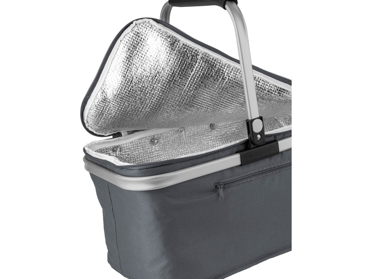 Gray insulated picnic basket with an open lid showing the reflective interior