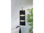 Estante/Cestos de Arrumação W5 pretos, pendurados na parede de uma casa de banho moderna.