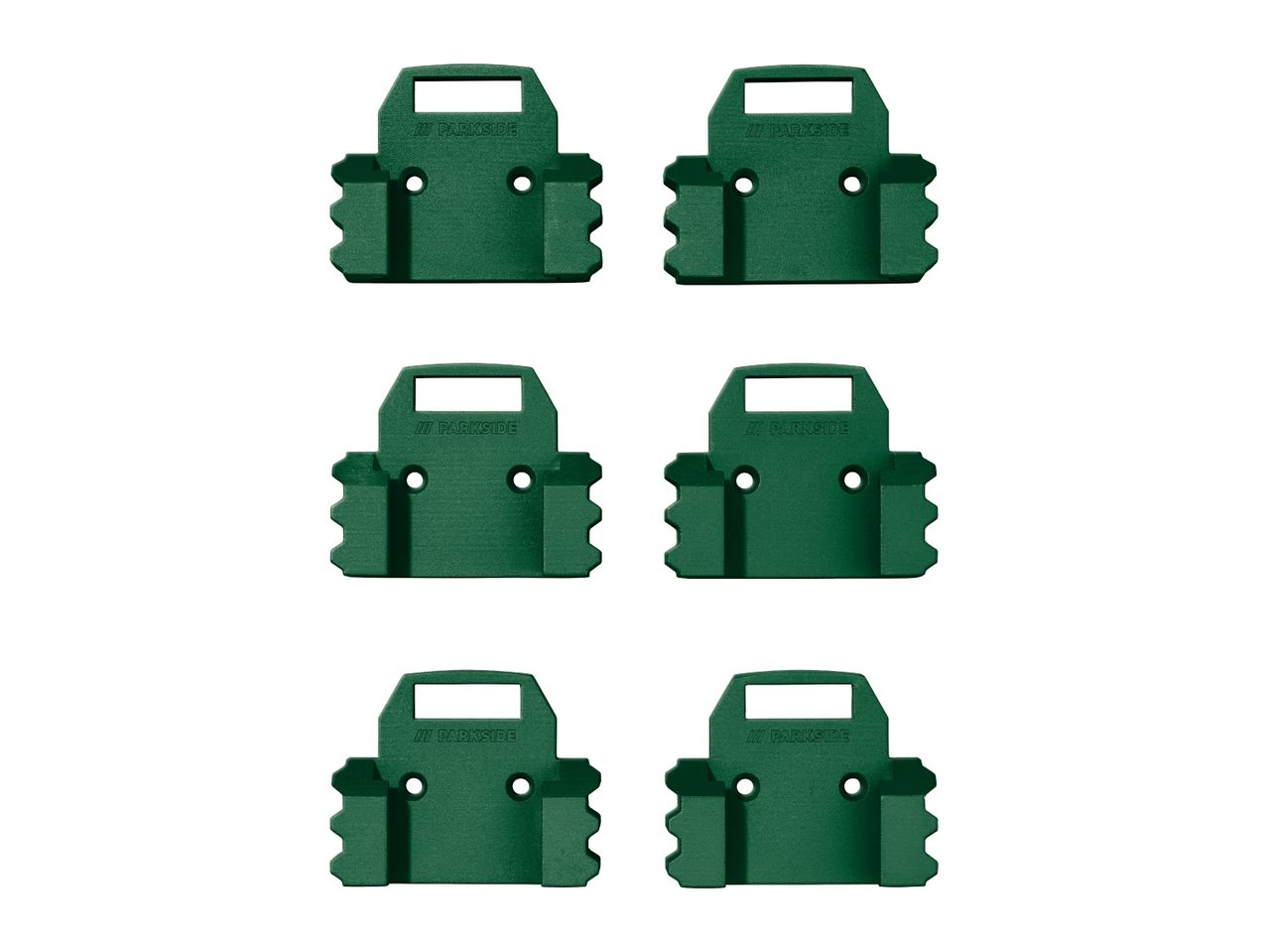 Six green Parkside tool holders arranged in two columns.