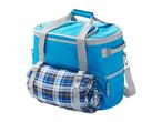 A blue insulated picnic bag with a plaid blanket attached.