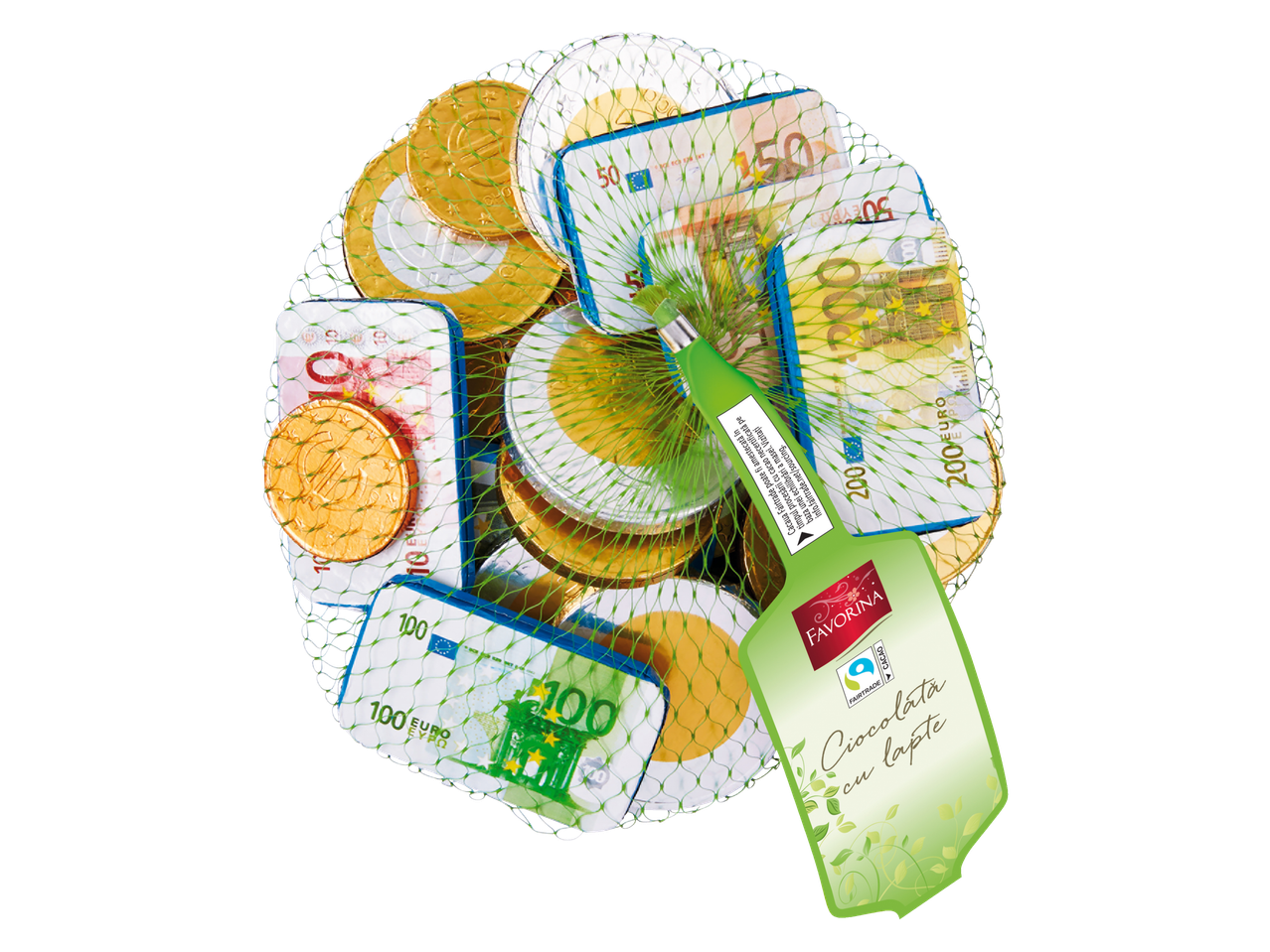 Monede și bancnote de ciocolată Favorina într-o plasă.