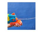 A child's hand holding a colorful water gun, spraying water against a blue background.