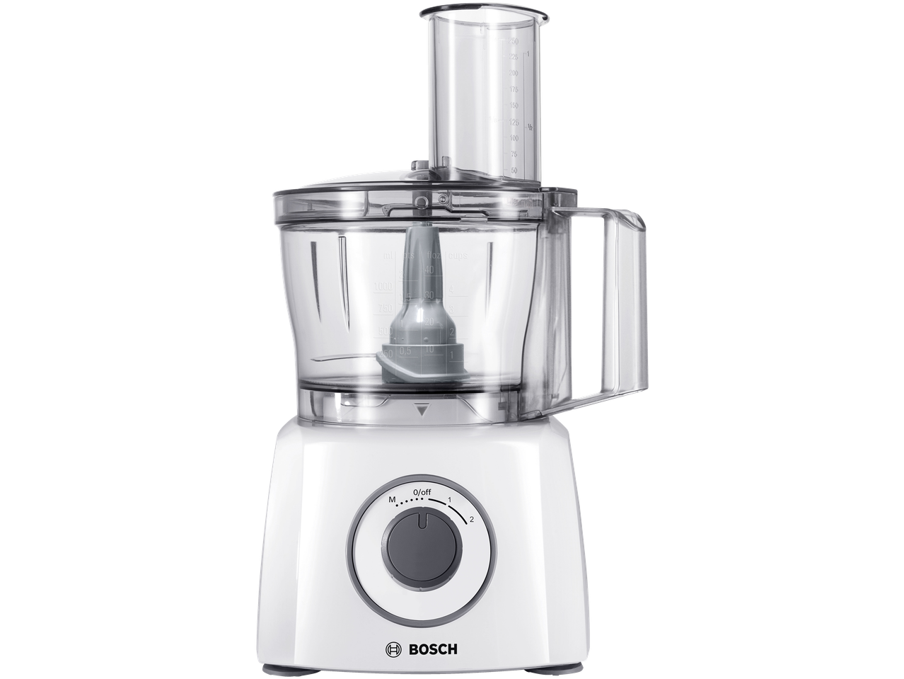 Balts virtuves kombains ar caurspīdīgu bļodu un mērglāzi.