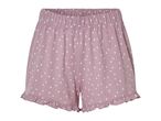 Dusty rose women's shorts with a floral print and ruffled hem.