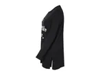 Black long-sleeve tunic with white text, side view