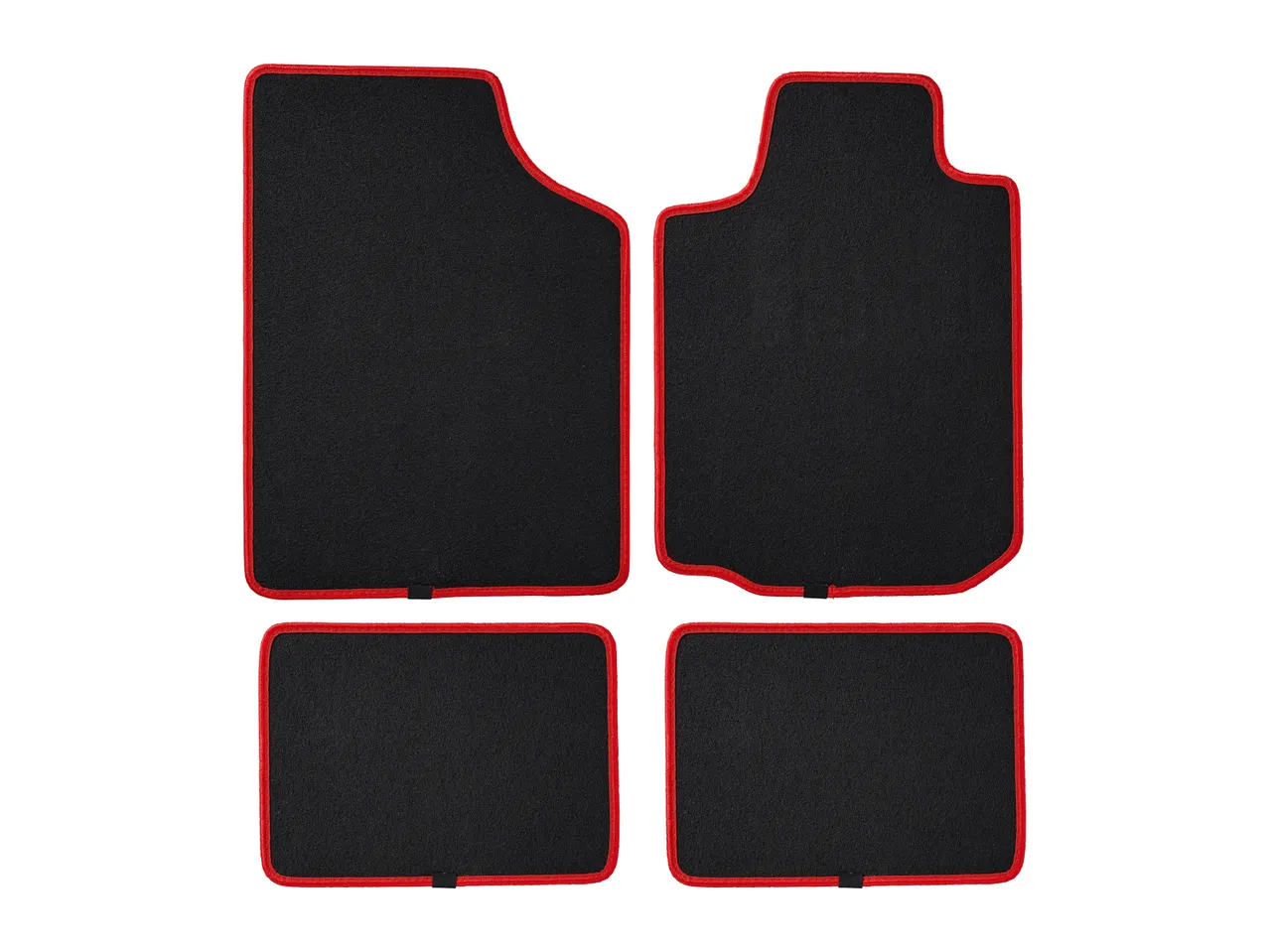 Black car floor mats with red trim.