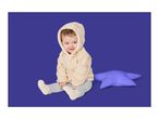 Baby in a hooded fleece jacket and grey leggings, sitting next to a purple star pillow.