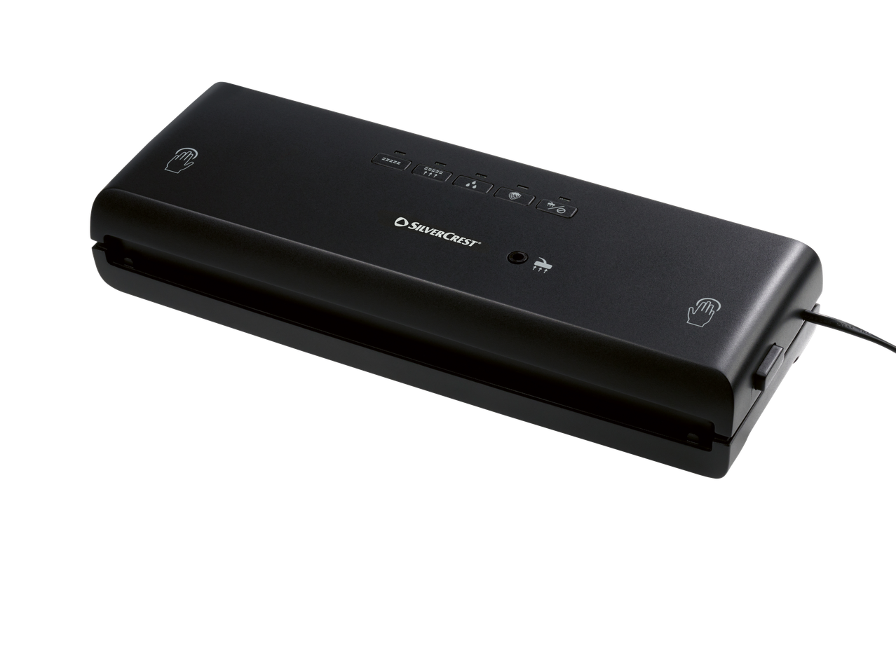 Melns Silvercrest vakuuma iepakotājs ar vadības pogām un vadu.