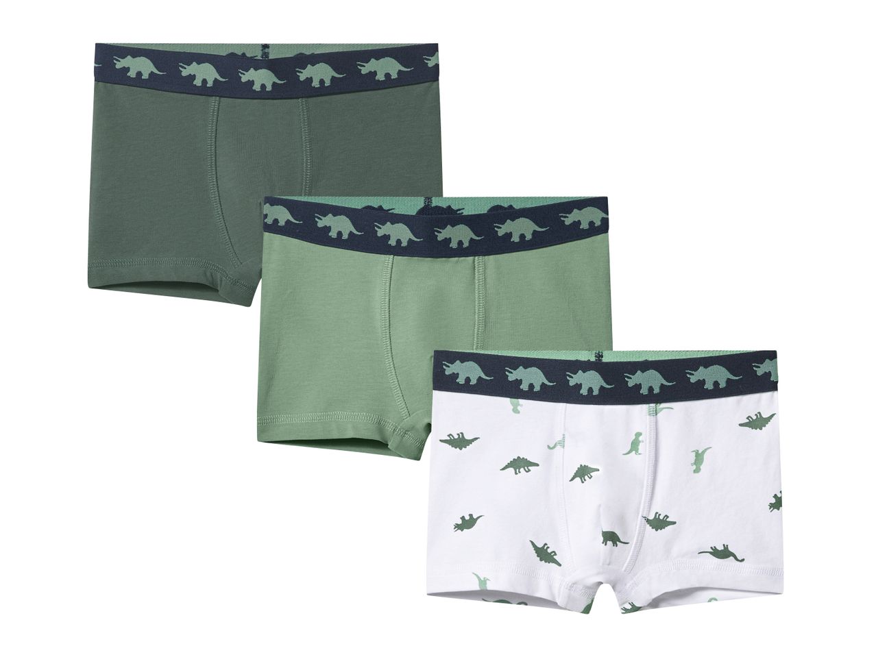 3er-Pack Boxershorts für Kinder in Grün und Weiß mit Dinosaurier-Motiven