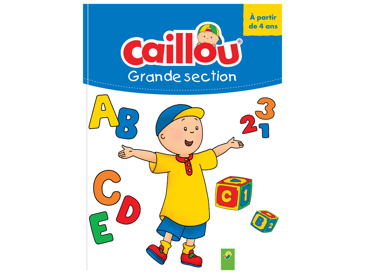 Livre d'activités pour enfants avec un personnage de dessin animé, des lettres et des chiffres.