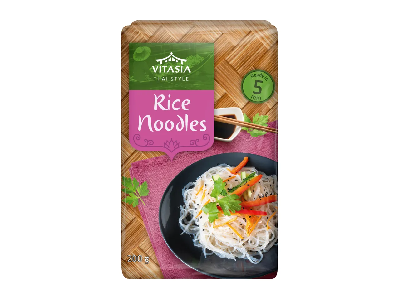Packaging for Thai-style rice noodles, ready in 5 minutes, with a serving suggestion.
