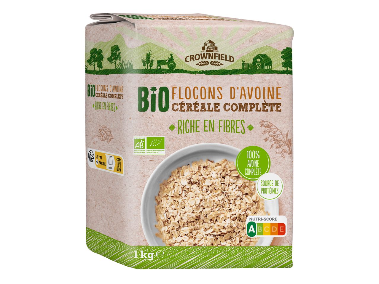 Paquet de flocons d'avoine bio Crownfield, 1 kg, avec Nutri-Score A.
