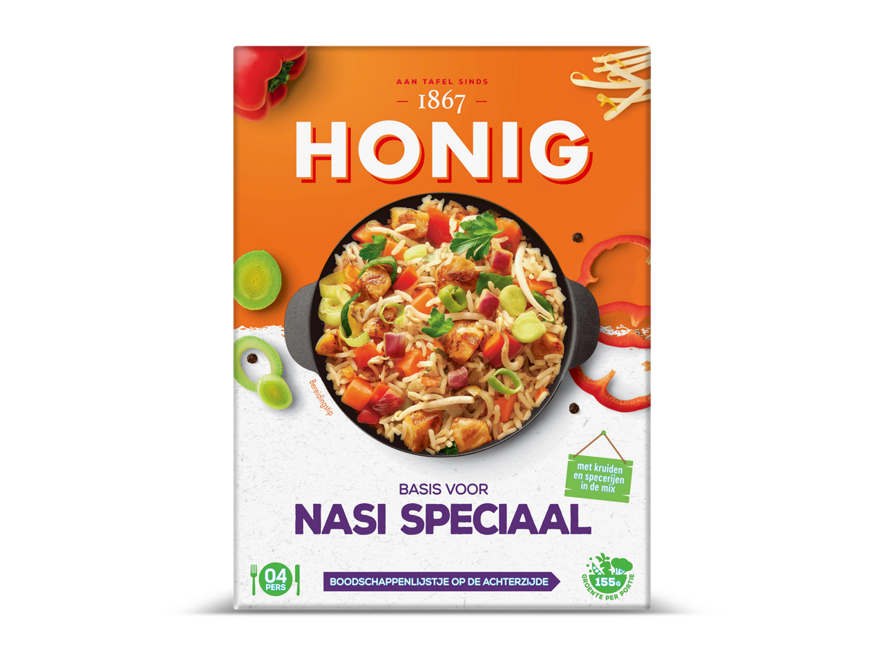 Verpakking voor nasi speciaal met een afbeelding van het gerecht in een pan, groenten en kruiden.