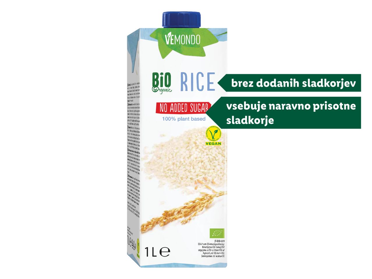 Pakiranje riževega napitka brez dodanega sladkorja, 100 % rastlinskega izvora.