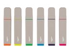 Six highlighters in various colors (orange, yellow, green, blue, purple, pink) with light beige bodies.