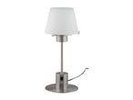 A modern, brushed nickel table lamp with a frosted glass shade and USB port.