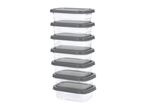 A stack of eight rectangular, clear food storage containers with dark grey lids.