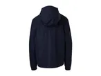 Navy blue hooded windbreaker jacket, back view