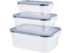 Trei recipiente din plastic stivuibile pentru depozitarea alimentelor.