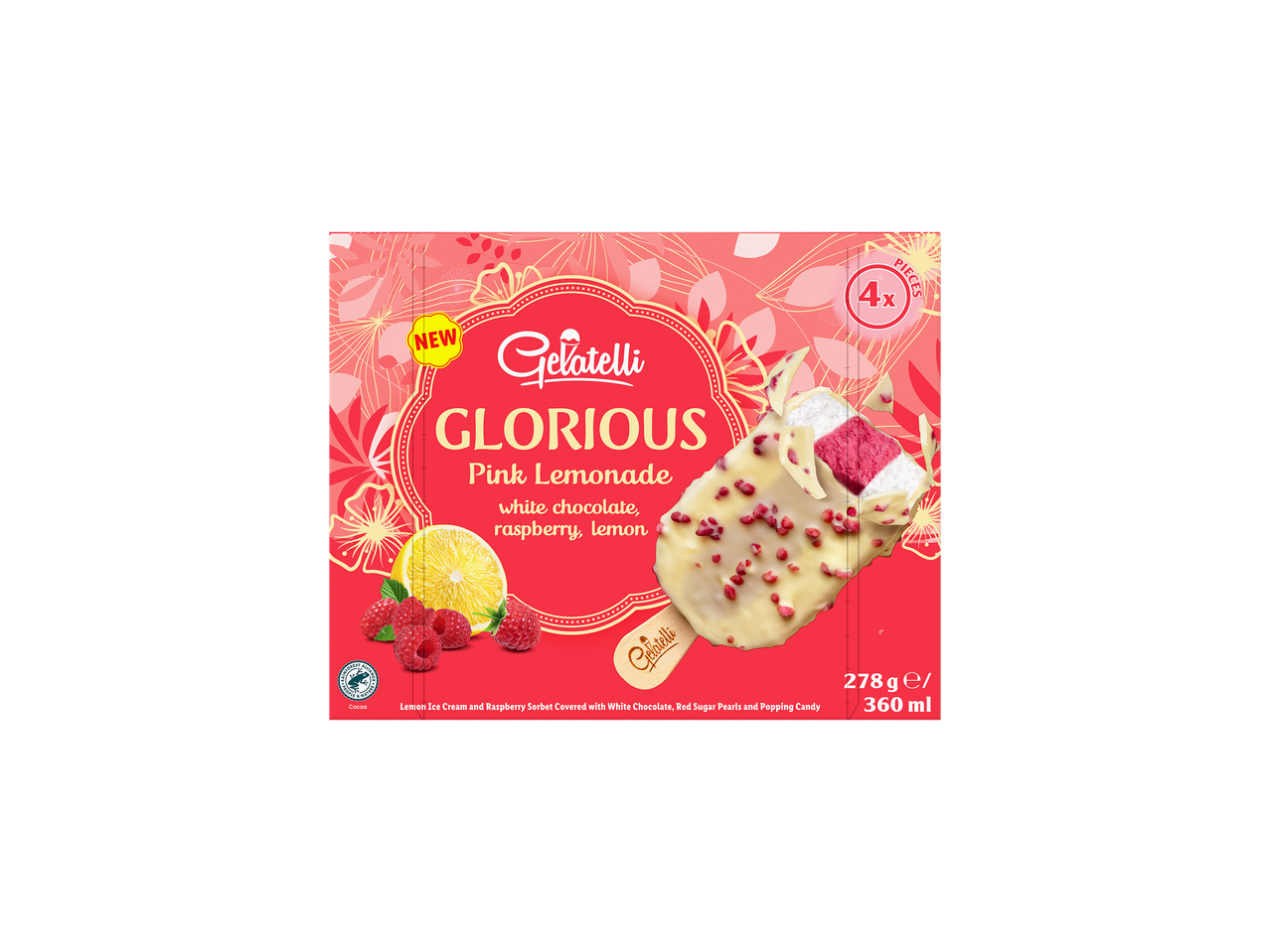 Gelatelli Glorious Pink Lemonade: fehér csokoládéval bevont fagylalt pálcikák, málna és citrom ízesítéssel.