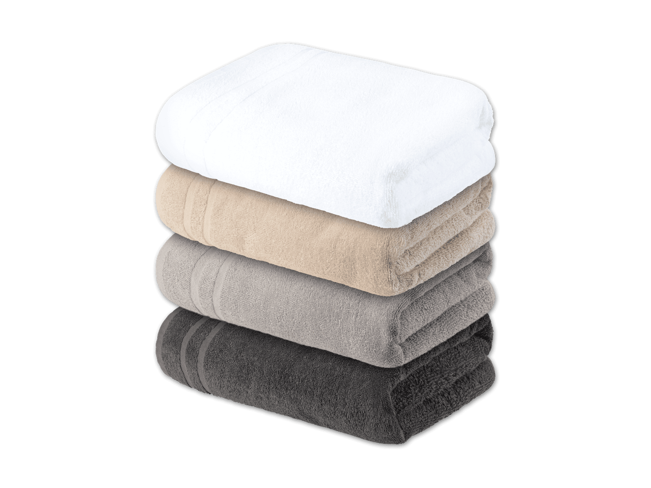Stapel weicher Handtücher in Weiß, Beige, Grau und Dunkelgrau auf schwarzem Hintergrund.