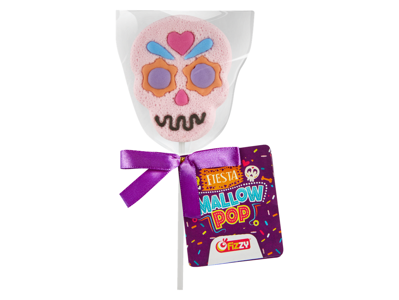 A pink sugar skull marshmallow pop with a purple ribbon and a 'Fiesta Mallow Pop' tag.