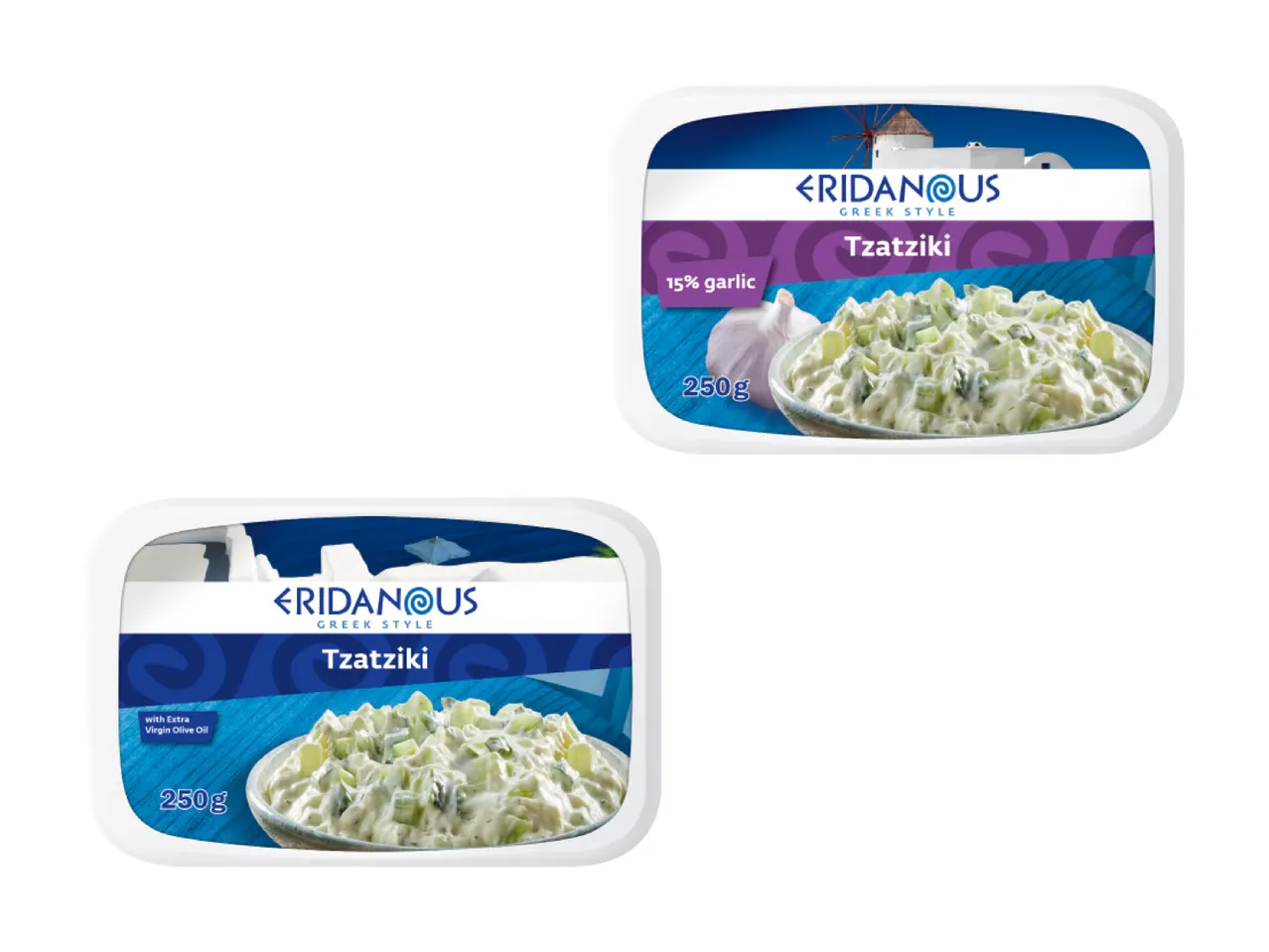 Zwei Behälter Eridanous griechischer Tzatziki.