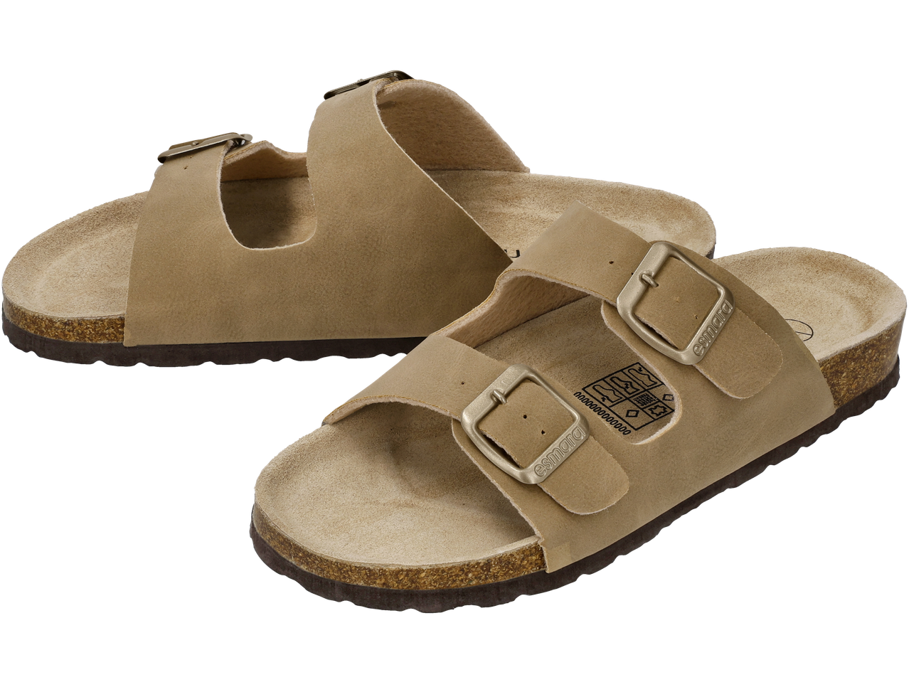 Pair of beige two-strap sandals with cork soles and metal buckles.