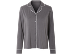 A gray women's long-sleeve pajama top with white piping detail.