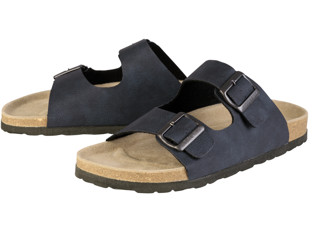 Divas pāri tumši zilu Natural Walk sandalēm ar korķa zolēm.