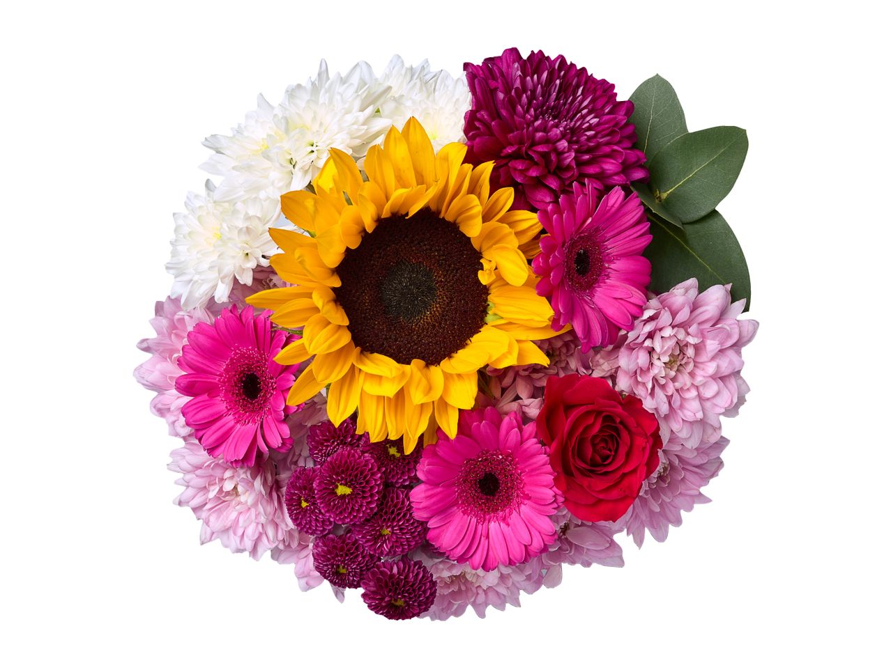 A vibrant bouquet featuring a large sunflower, pink gerberas, red roses, and white and purple chrysanthemums.