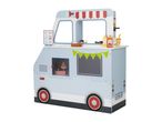 Toy food truck with a menu board, condiments, and play food like hotdogs, burgers, and ice cream.