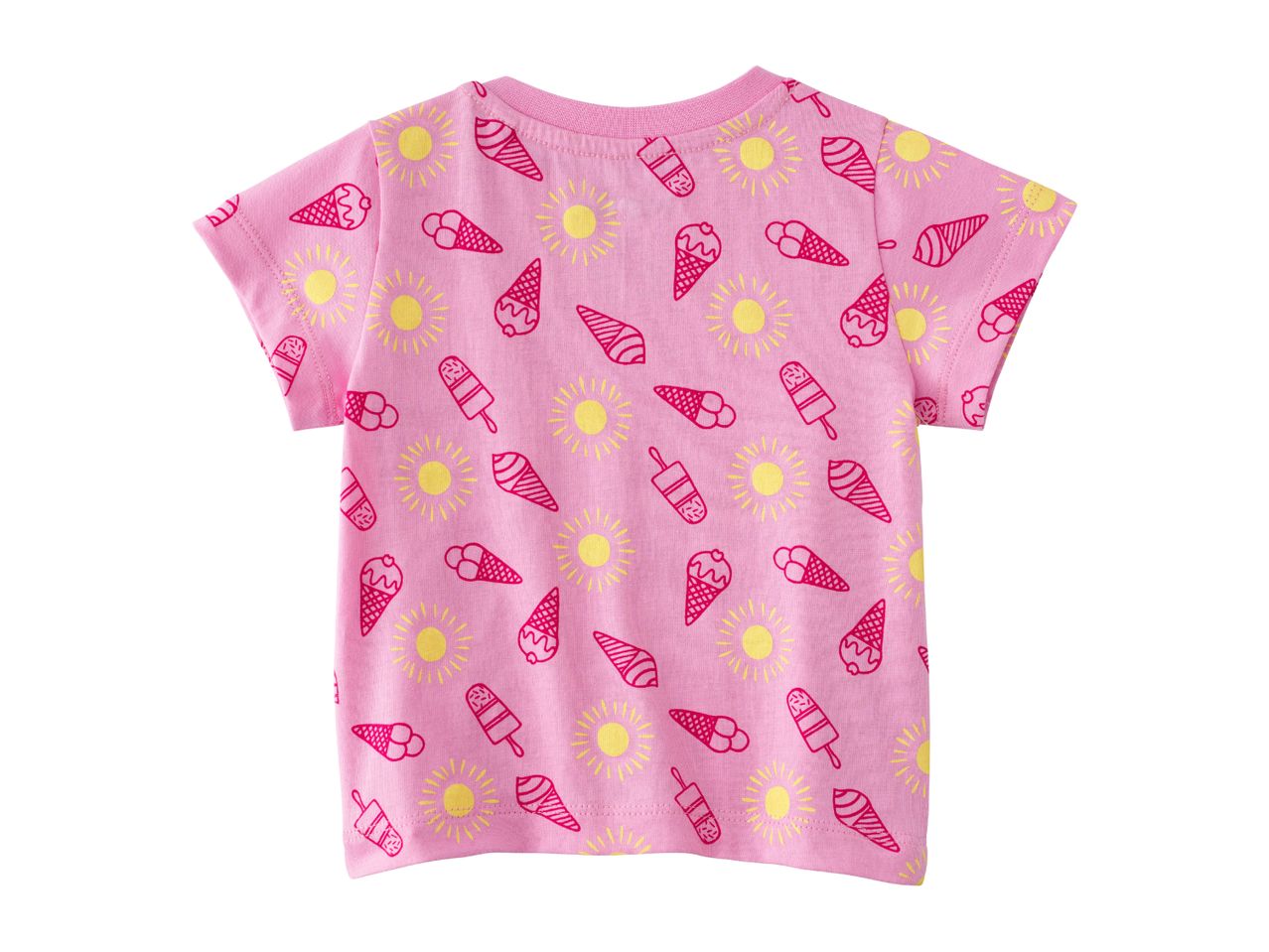 Pink short-sleeved t-shirt with a pattern of yellow suns and pink ice cream cones and popsicles.
