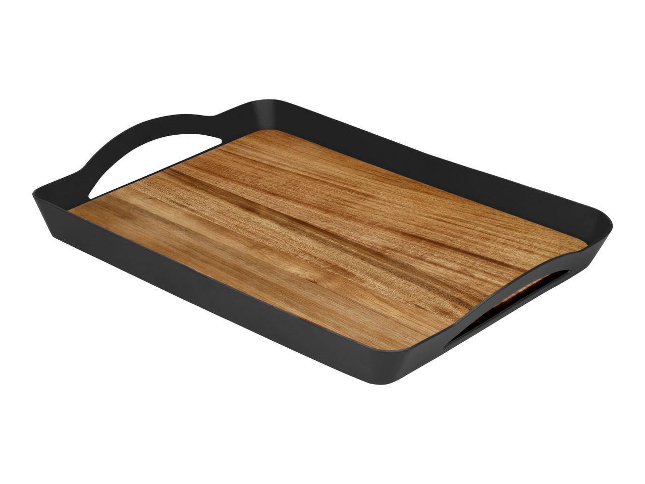 Rectangular serving tray with a black frame and a wooden base