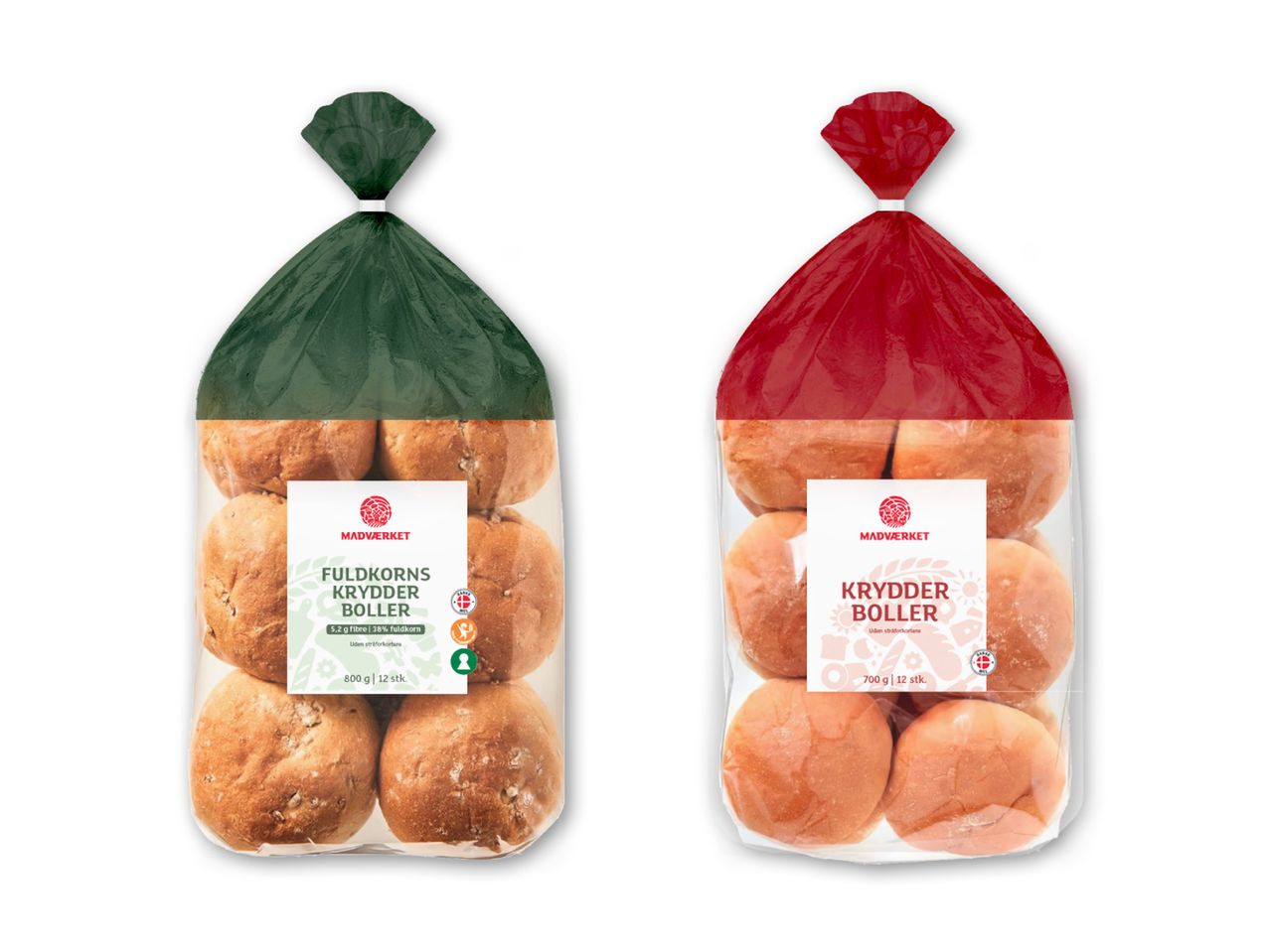To poser med boller fra Madværket, en grøn med fuldkornsboller og en rød med krydderboller.