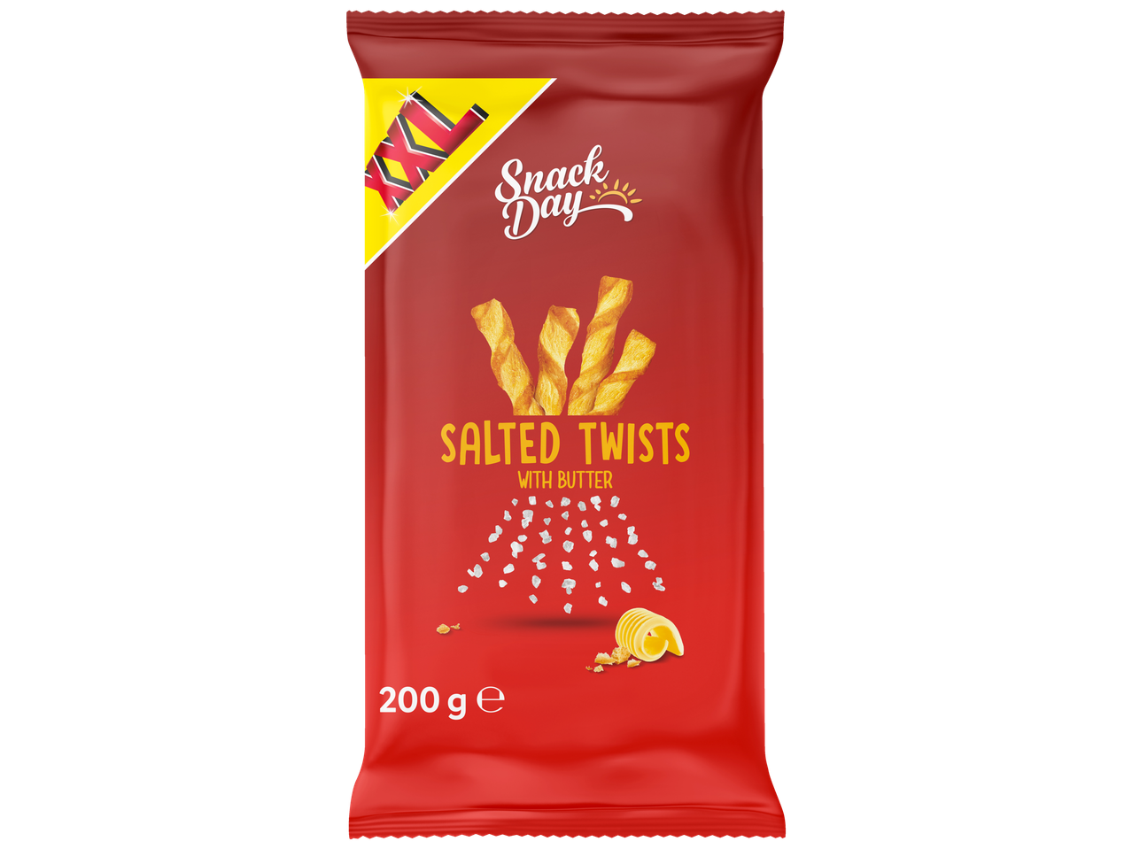 Snack Day XL Salted Twists cu unt, punga de 200g.