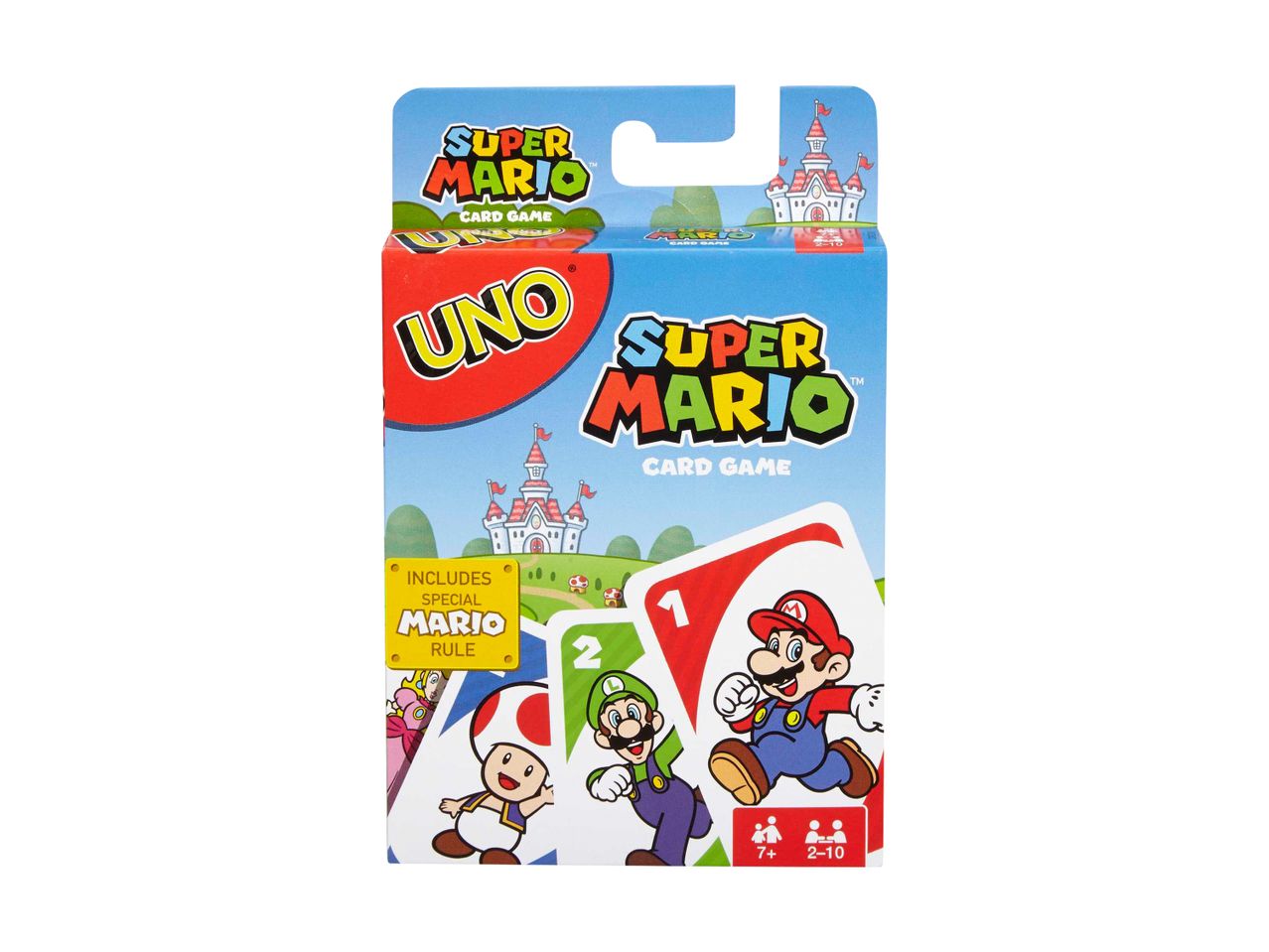 Super Mario themed card game box, featuring Mario, Luigi, and Toad characters.