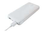 White power bank with a charging cable plugged in, showing LED indicator lights.